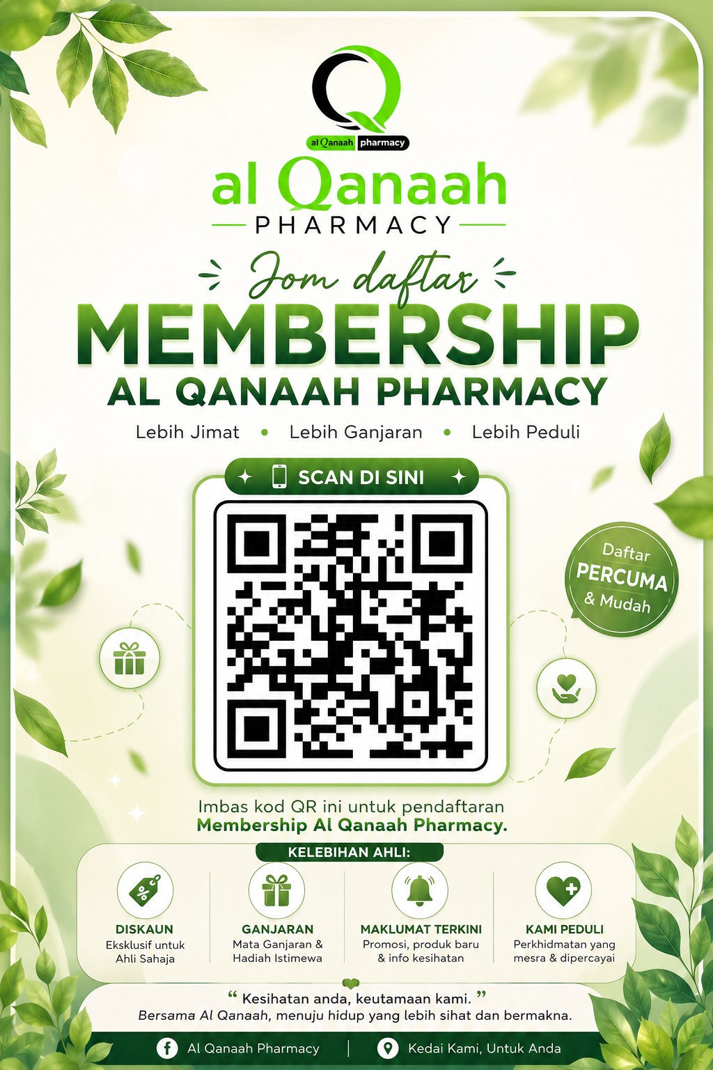 Poster pendaftaran Membership Al Qanaah Pharmacy